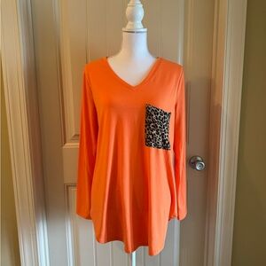 NEW! Women’s Zenana Orange V-Neck Leopard Pocket Long Sleeve Shirt!